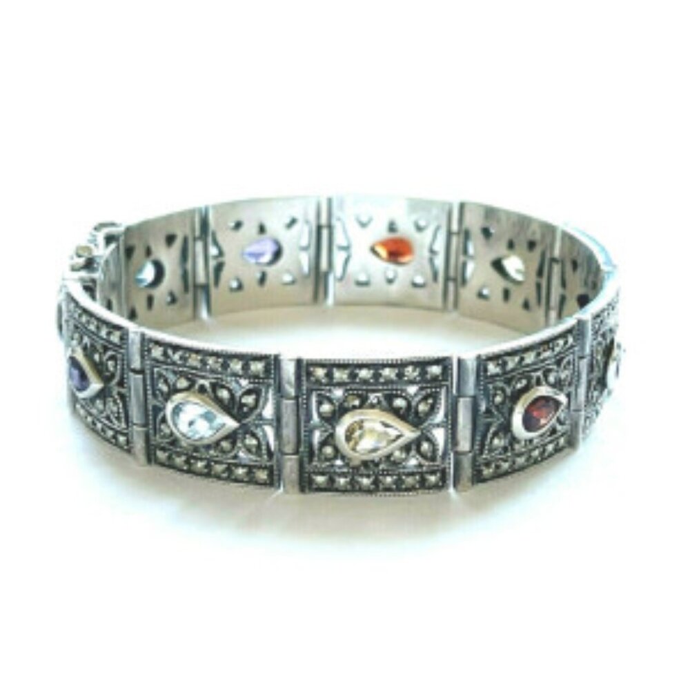 Sterling Silver Multicolor Gemstone Link Bracelet - image 1